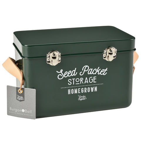 Seed packet storage tin with leather handles by Burgon & Ball - frog